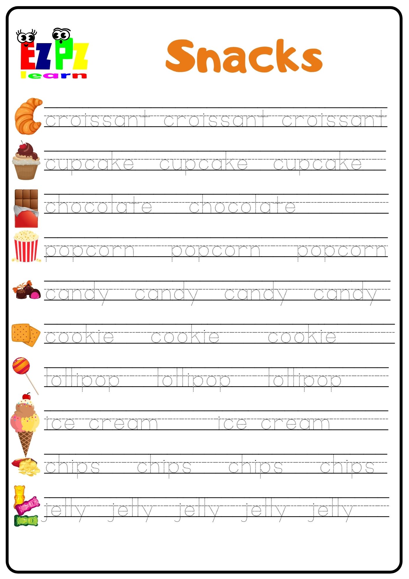 snacks-word-tracing-worksheet-ezpzlearn